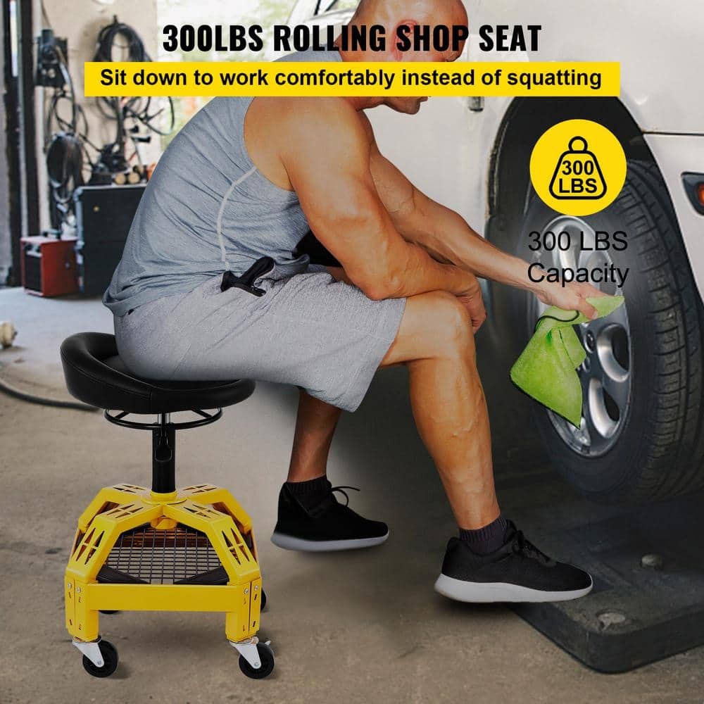 VEVOR Rolling Garage Stool 300 Lbs. Load 24 in. to 28.7 in. w/ 360 Wheel Tray