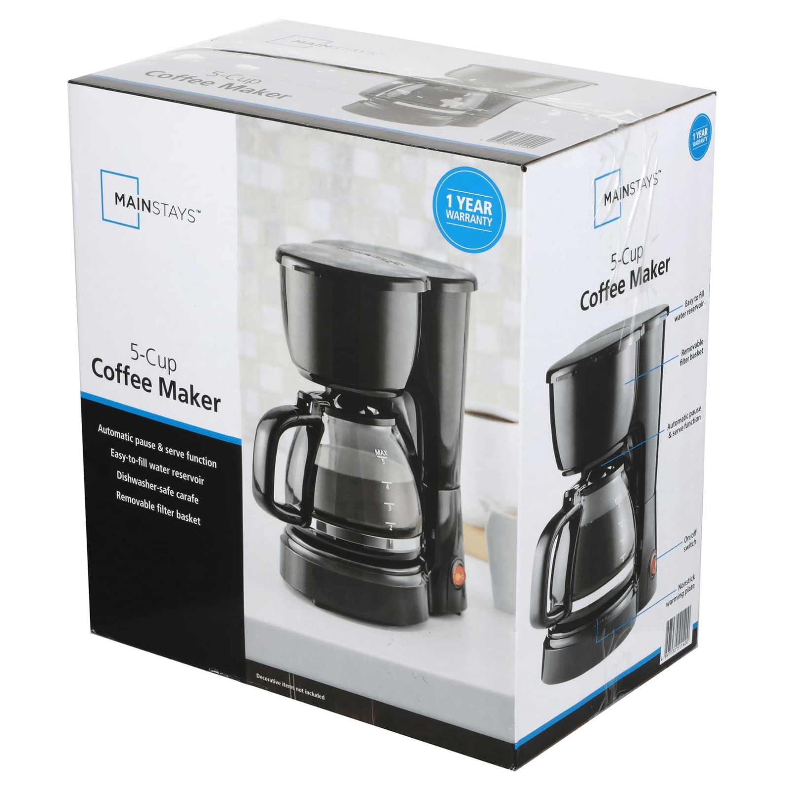 Mainstays 5 Cup Black Drip Coffee Maker Glass Compact Auto Shut Off Keep Warm