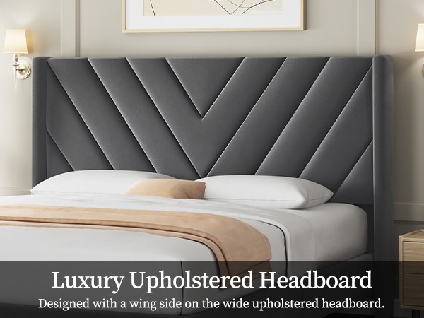 Full/Queen Upholstered Bed Frame with Wing Side Headboard, No Box Spring Needed