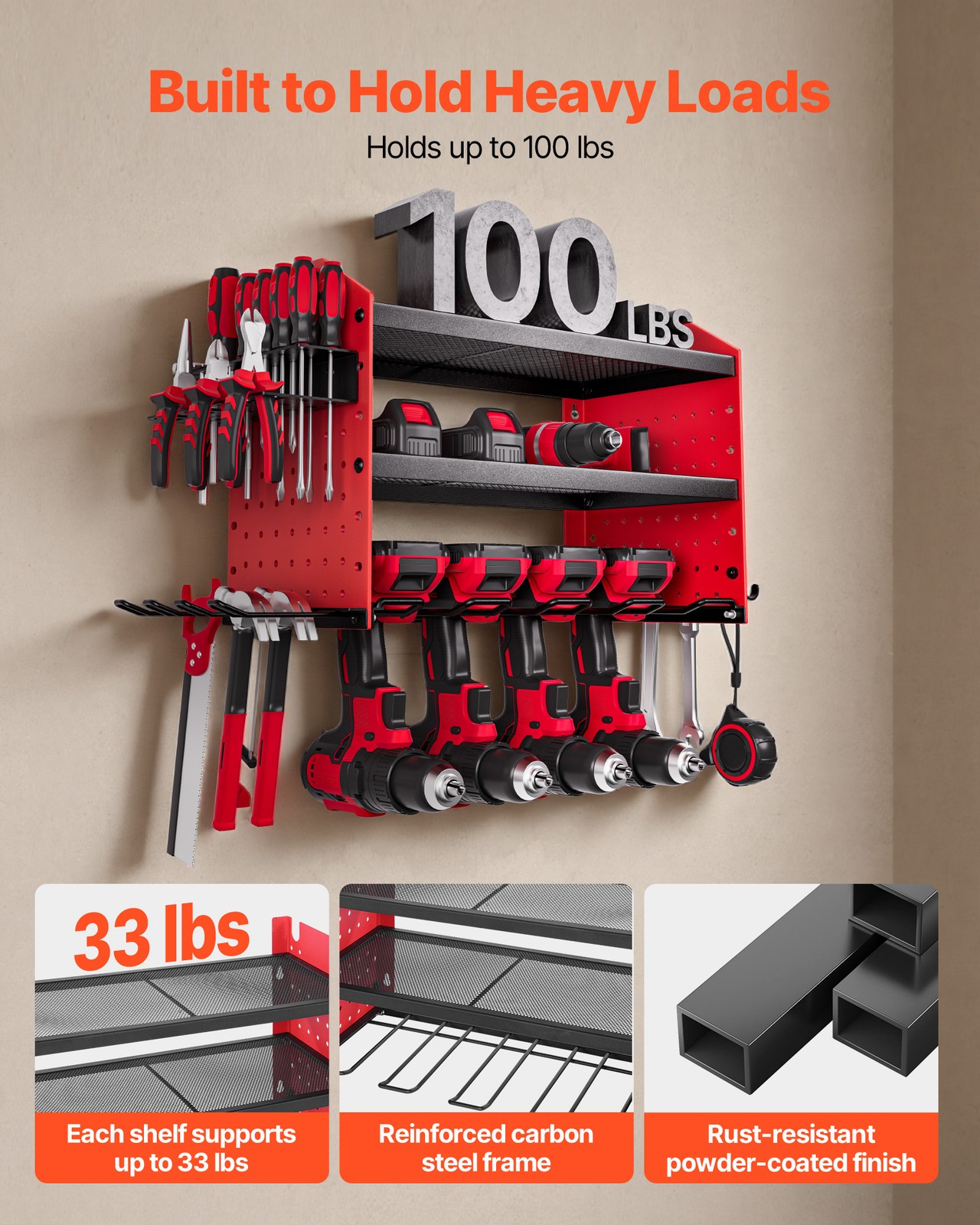 VEVOR Power Tool Organizer Wall Mount 3-Layer Drill Storage Rack 4 Drill Holders