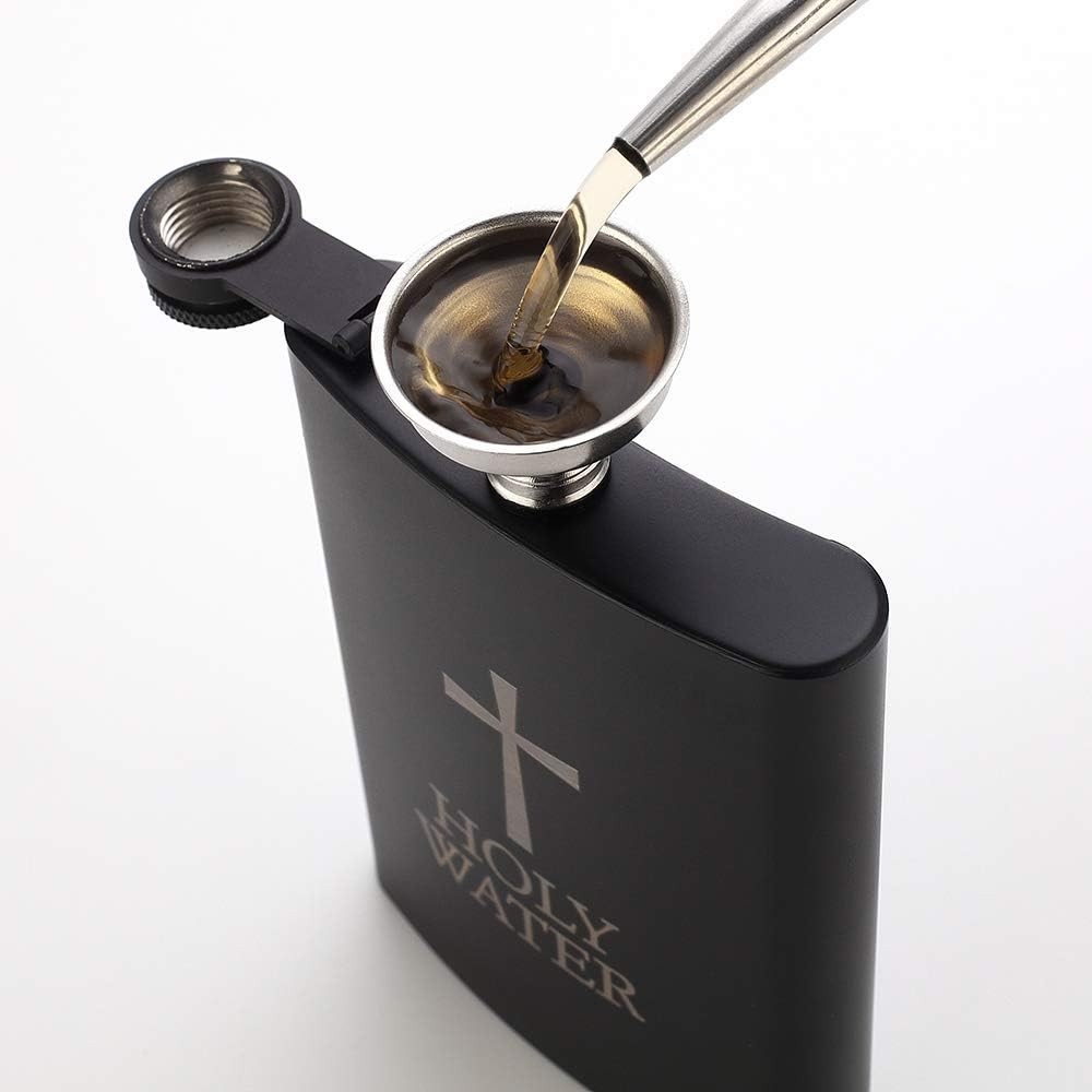 HOLY WATER, 8oz Stainless Steel Black Hip Flask for Liquor, Leakproof with Fu…
