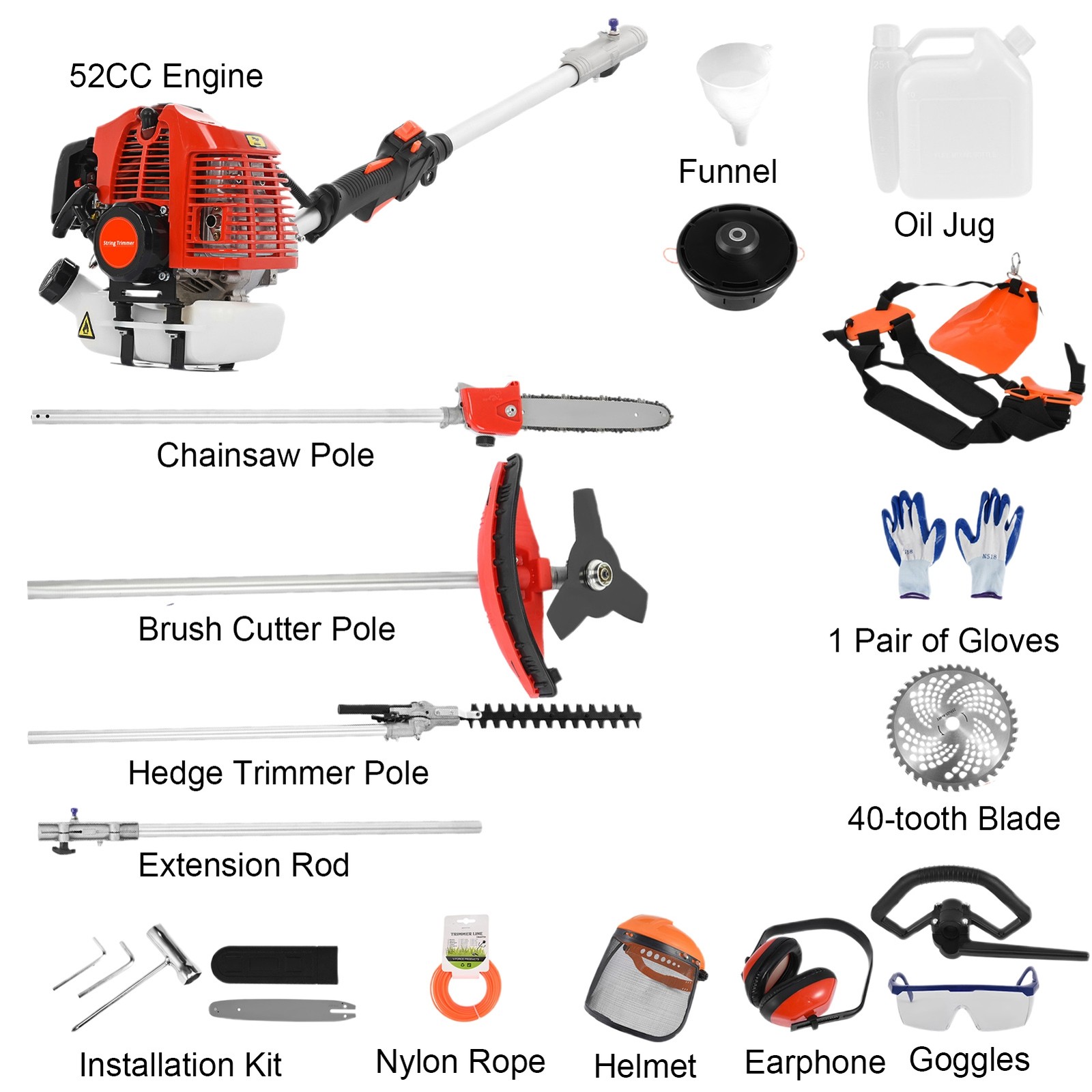 5-in-1 Multi-Functional Trimming Tools Gas Hedge Trimmer 52CC Weed Eater