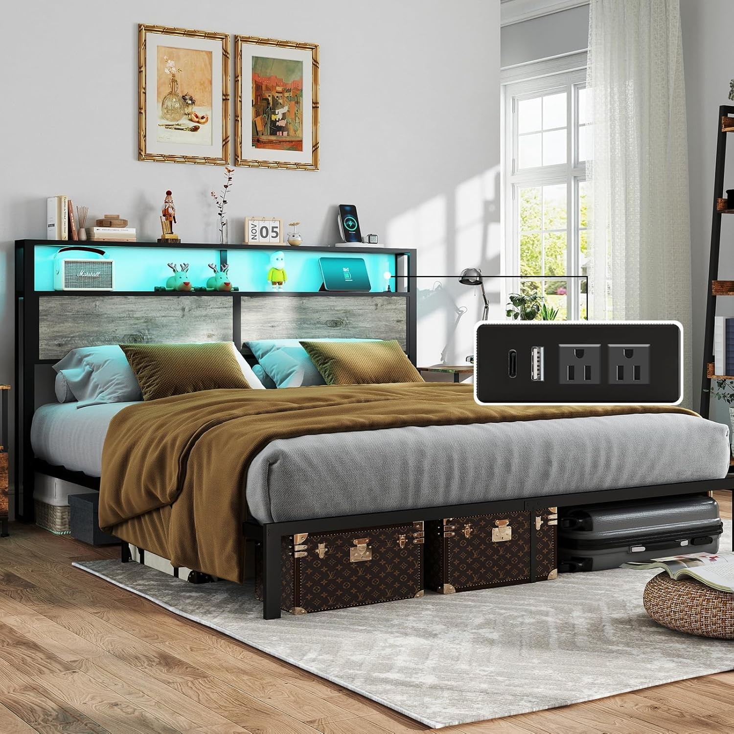 Full Queen King Bed Frame with Storage Headboard ,Charging Station & LED Lights