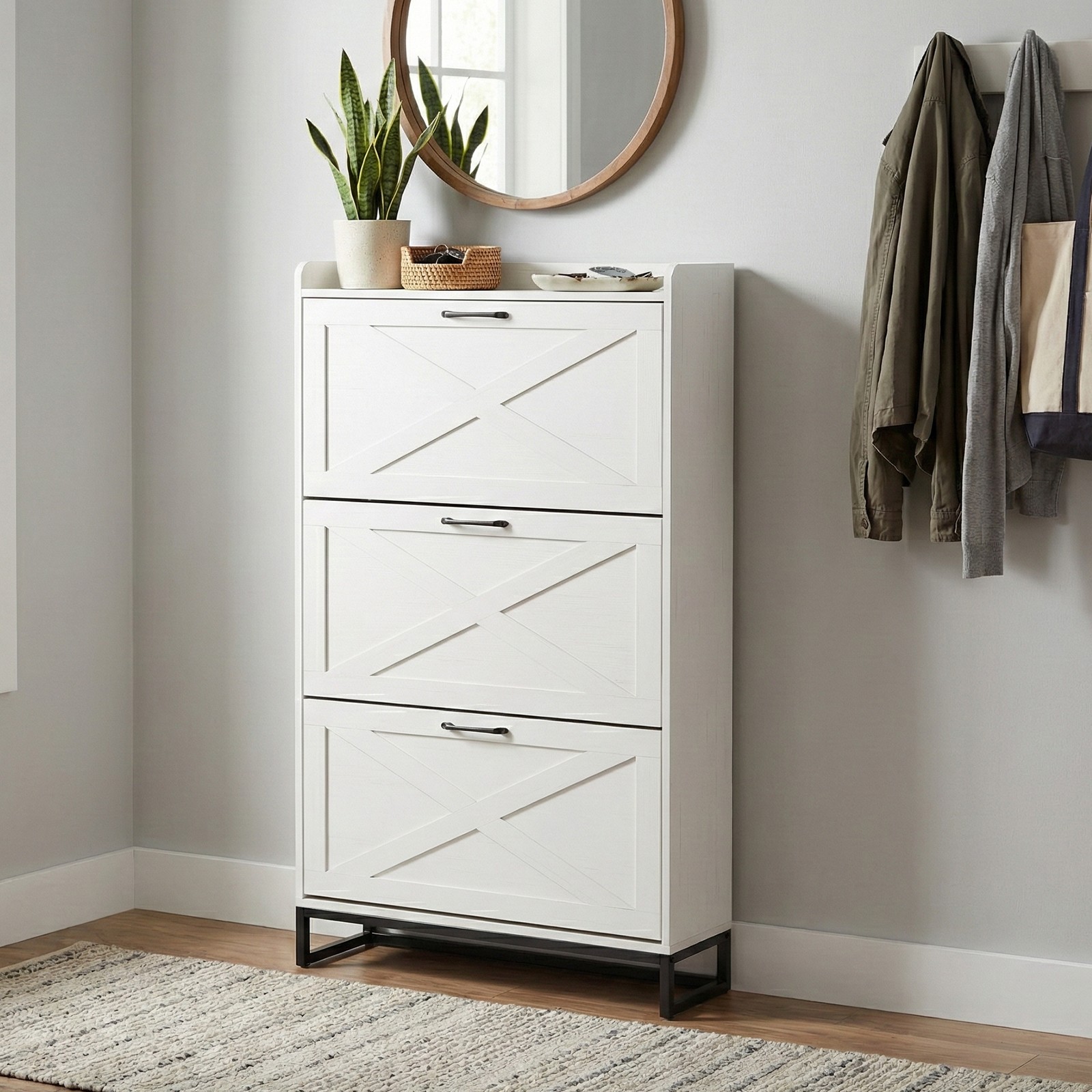 Barn Door Three-drawer Cabinet Shoe Cabinet Particleboard Distressed White