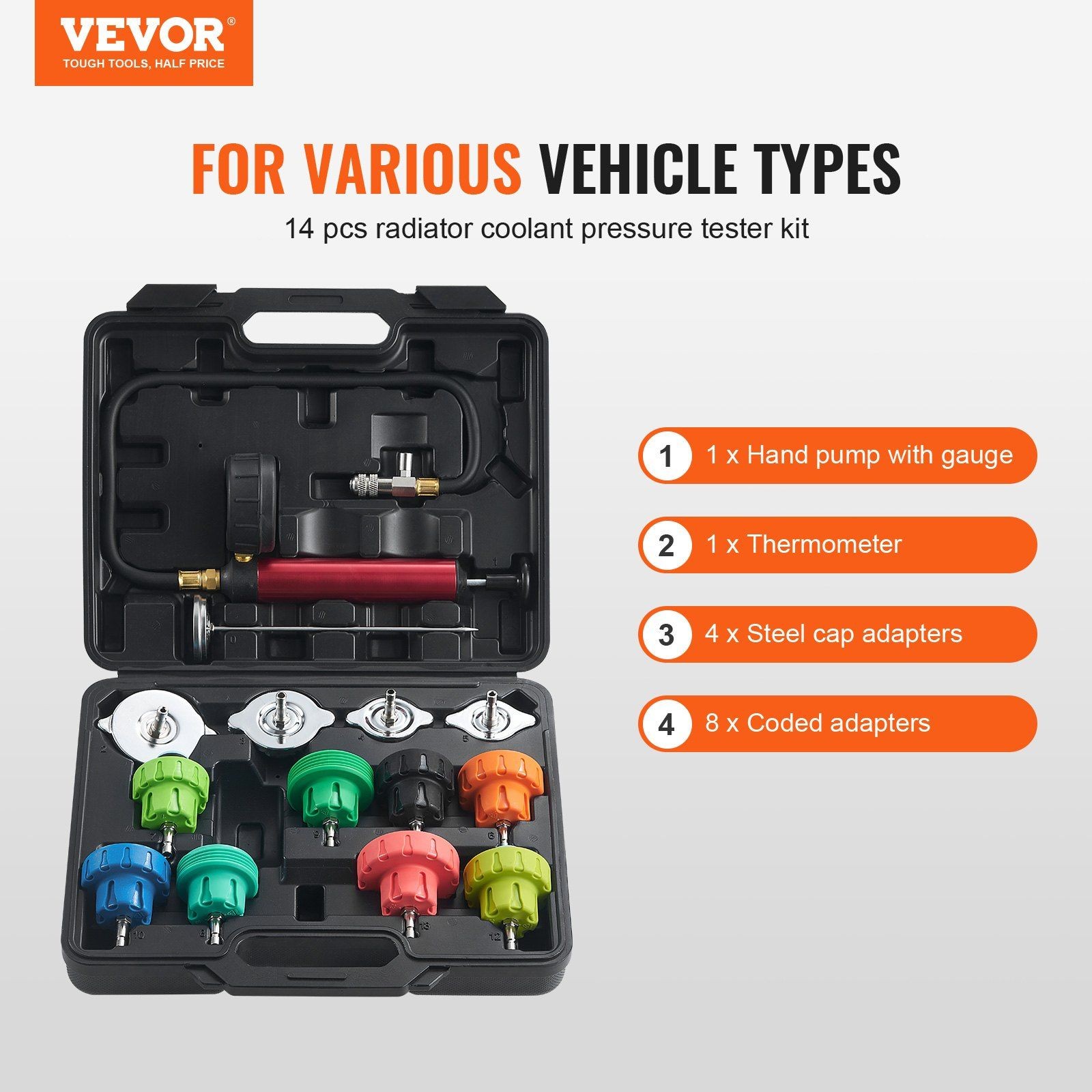14Pcs Coolant Pressure Tester Kit with Manual Pump 0-35psi Color-Coded Adapters