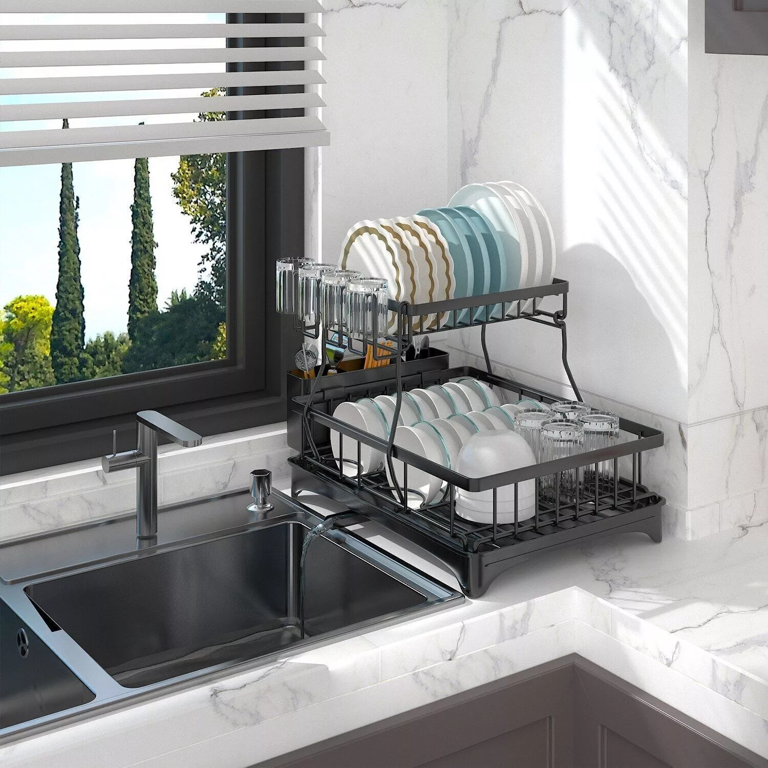 2 Tier Over The Sink Dish Drying Rack Stainless Steel Kitchen Dish Drainer Black