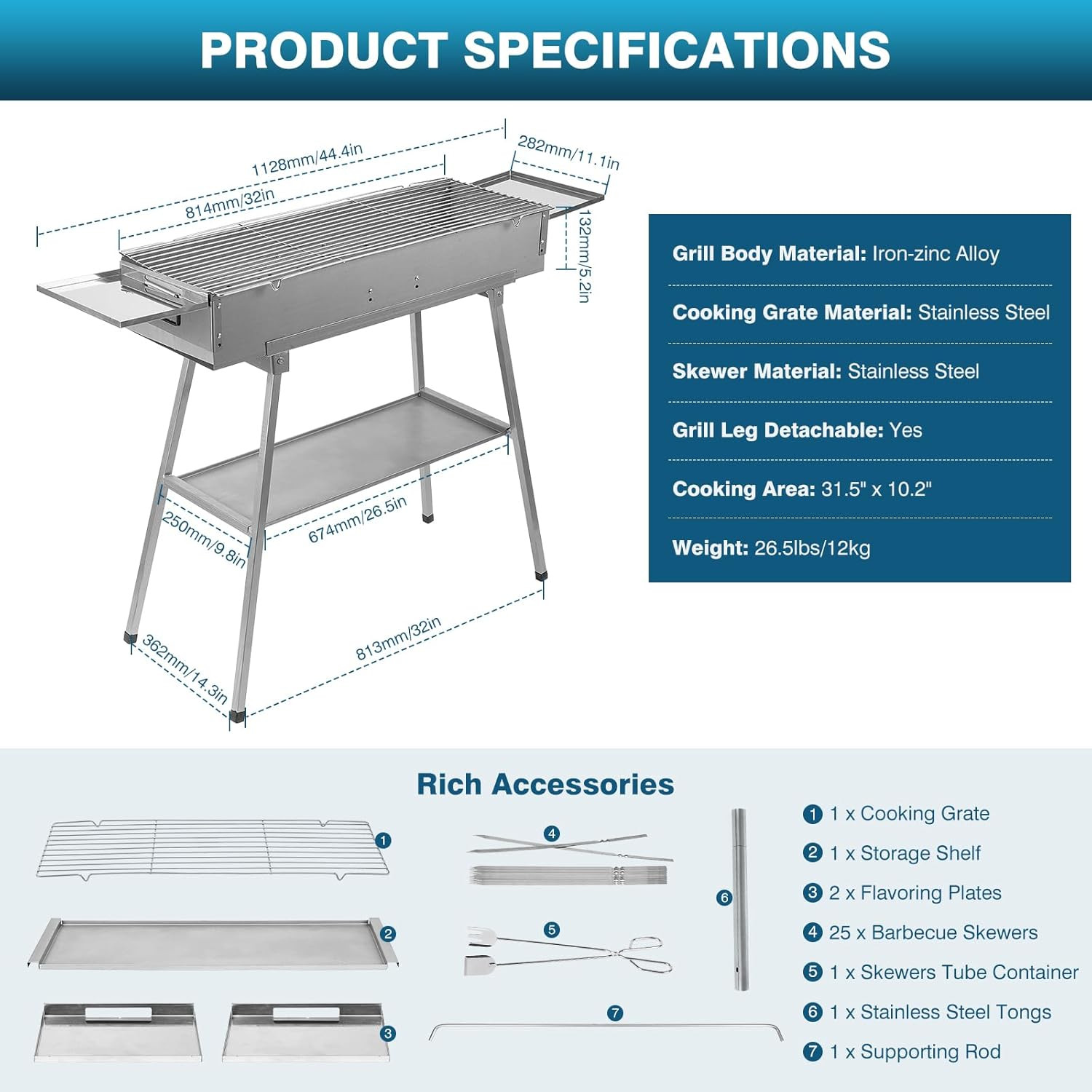 Portable Charcoal Grill Outdoor Cooking, 32”L X 10”W Folded Camping Barbecue Gri