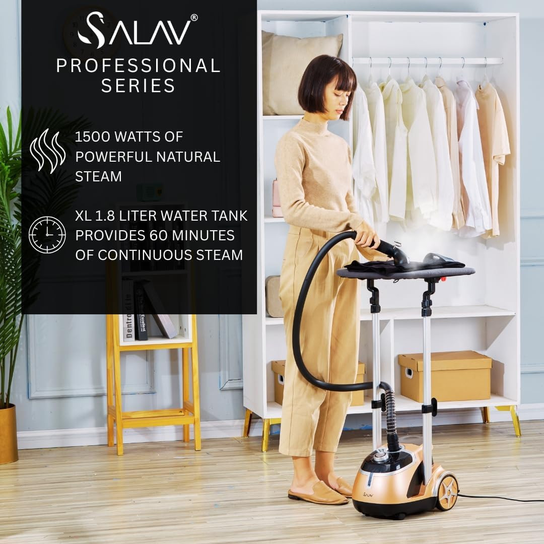SALAV® Professional Garment Steamer with Built-In Ironing Board, 1500W Continuou