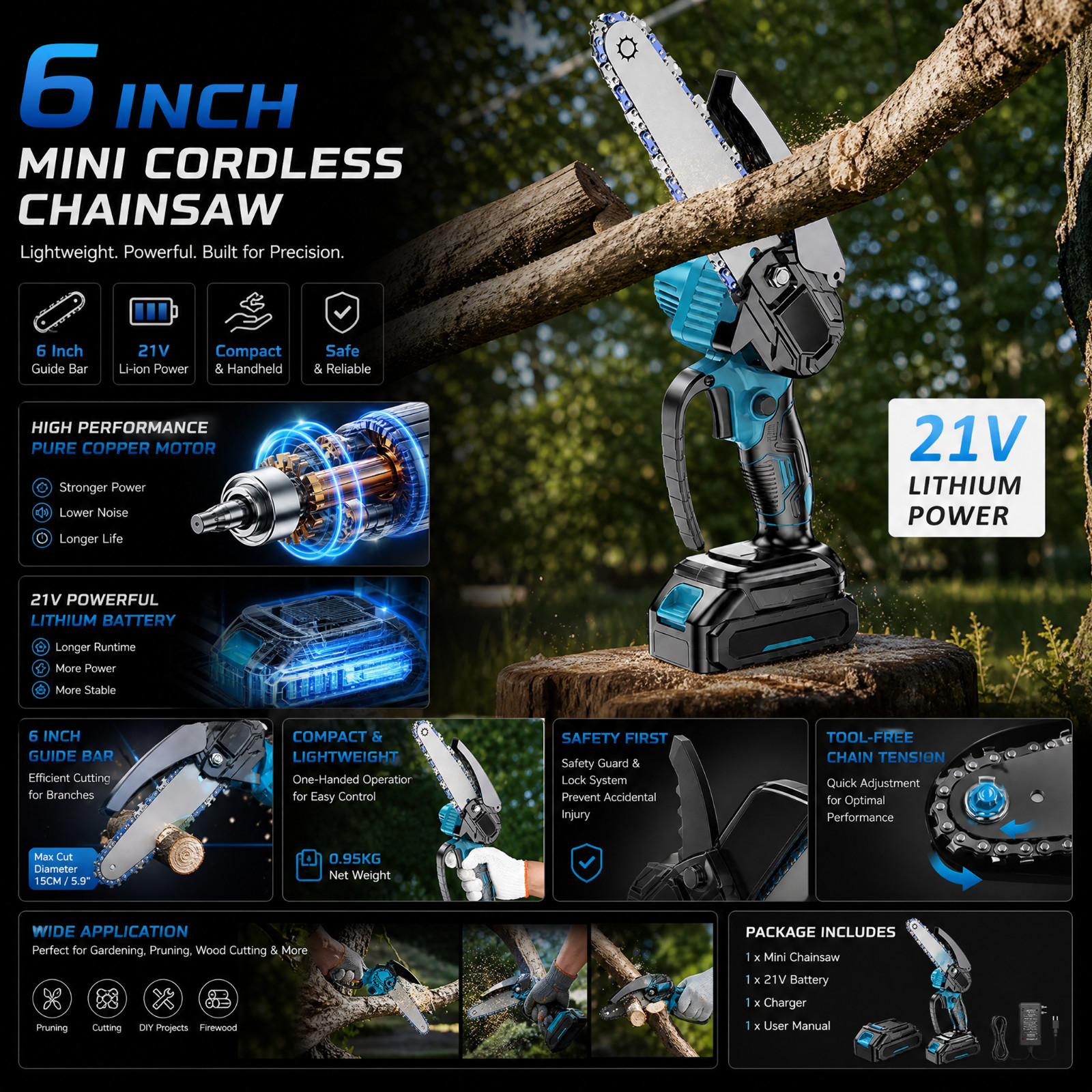 US Stock 6 Inch Cordless Mini Chainsaw Battery Powered Pruning Saw 21V Kit