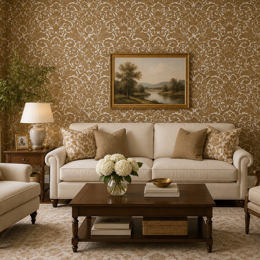 Flocking orange beige ivory cream Flocked Victorian damask velvet Wallpaper 3D