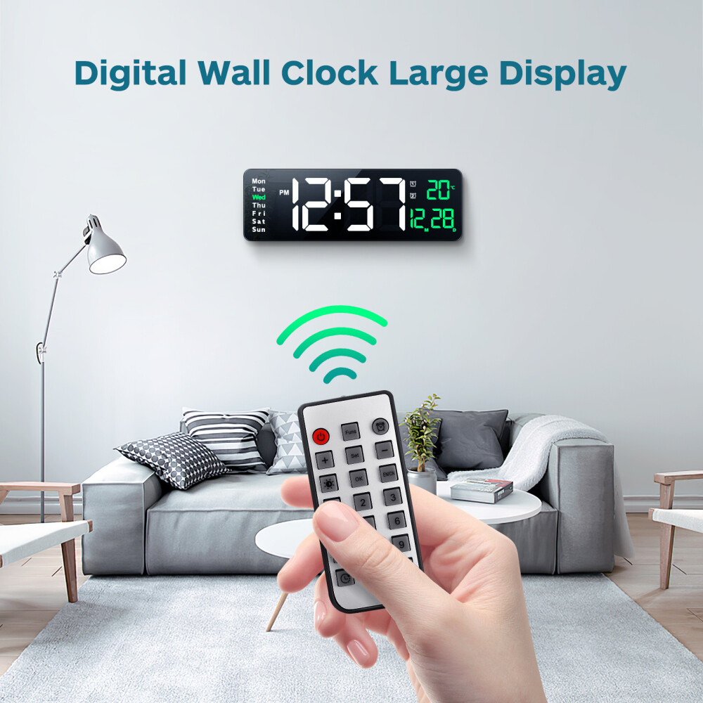 Large LED Digital Wall Clock Temperature Date Day Display USB Remote Control