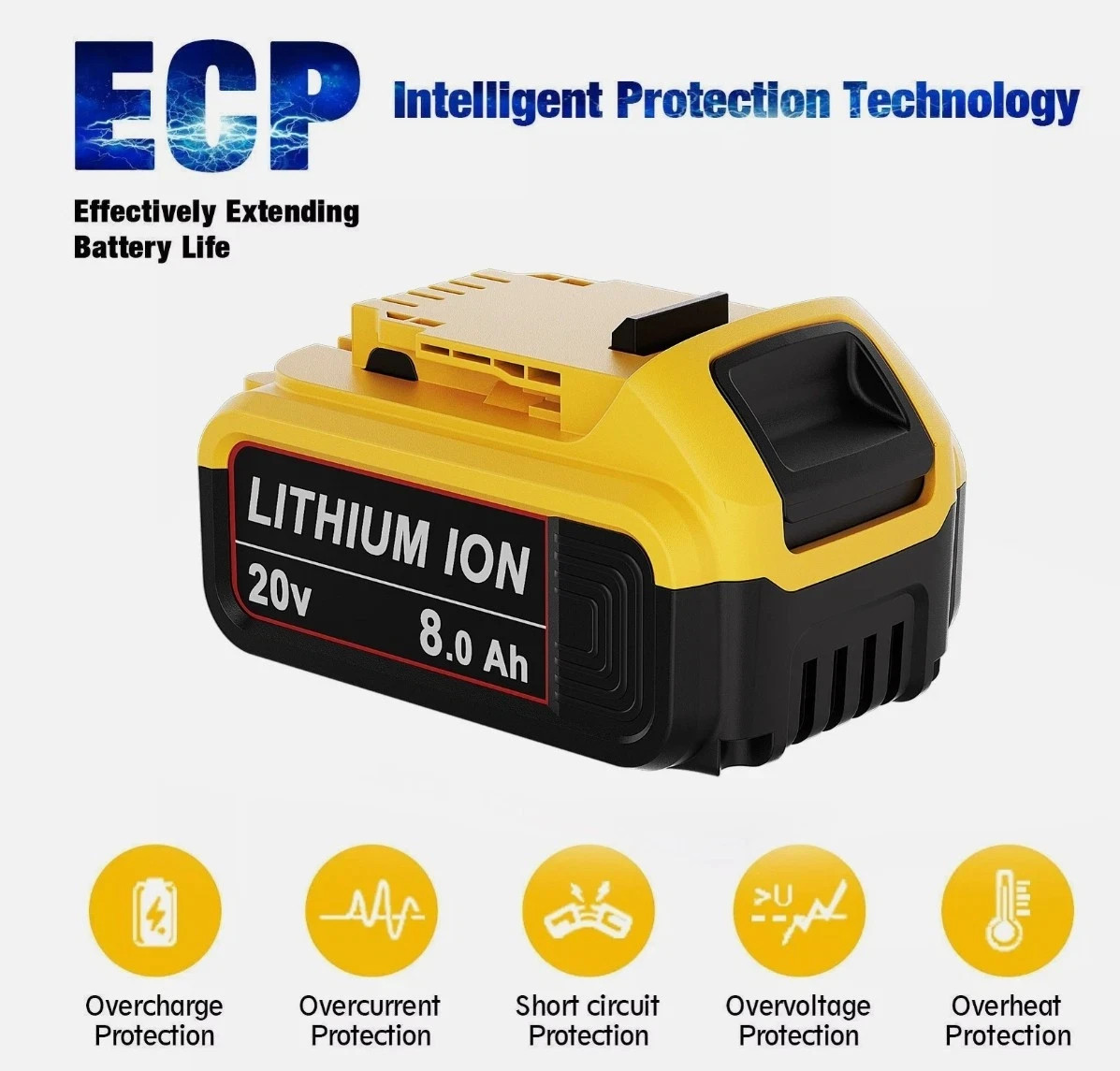 2Pack 8.0Ah Replace for Dewalt 20V Max Battery 20V Lithium-ion DCB206 DCB208 US