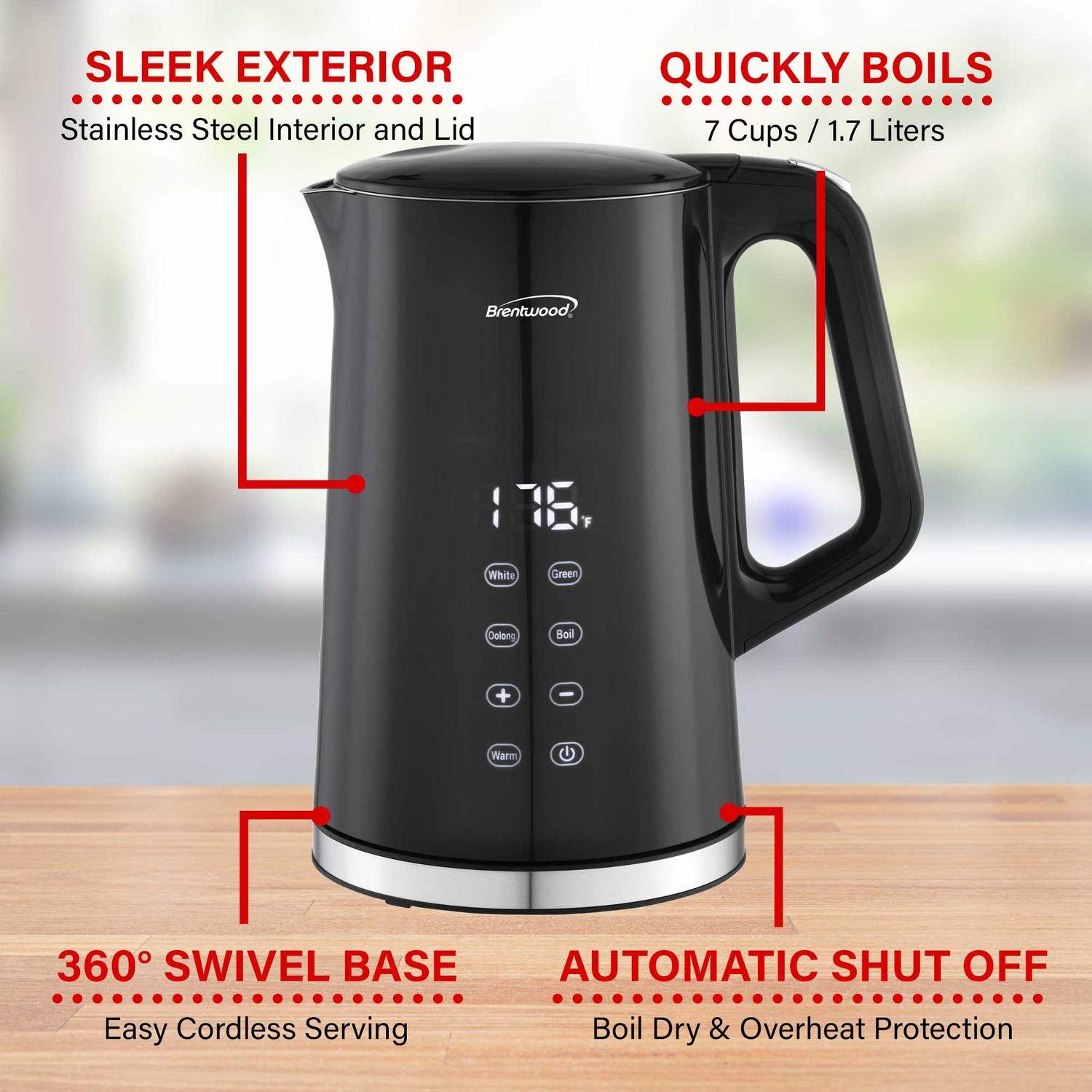 1100W 1.7L Cordless Cool-Touch Digital Electric Kettle Stainless Steel Interior
