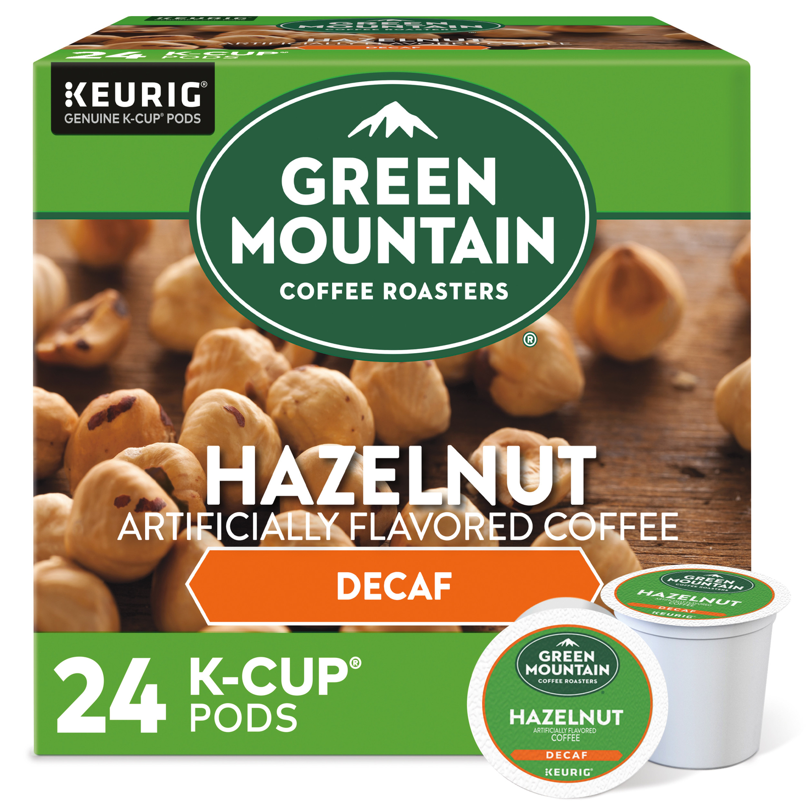 Green Mountain Coffee Hazelnut Decaf Coffee, K-Cup pods, Light Roast, 24 Count