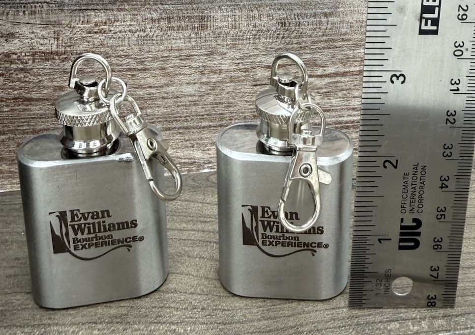 Two Mini Evan Williams Stainless Steel Pocket Flask KeyChain 1oz Liquor New!