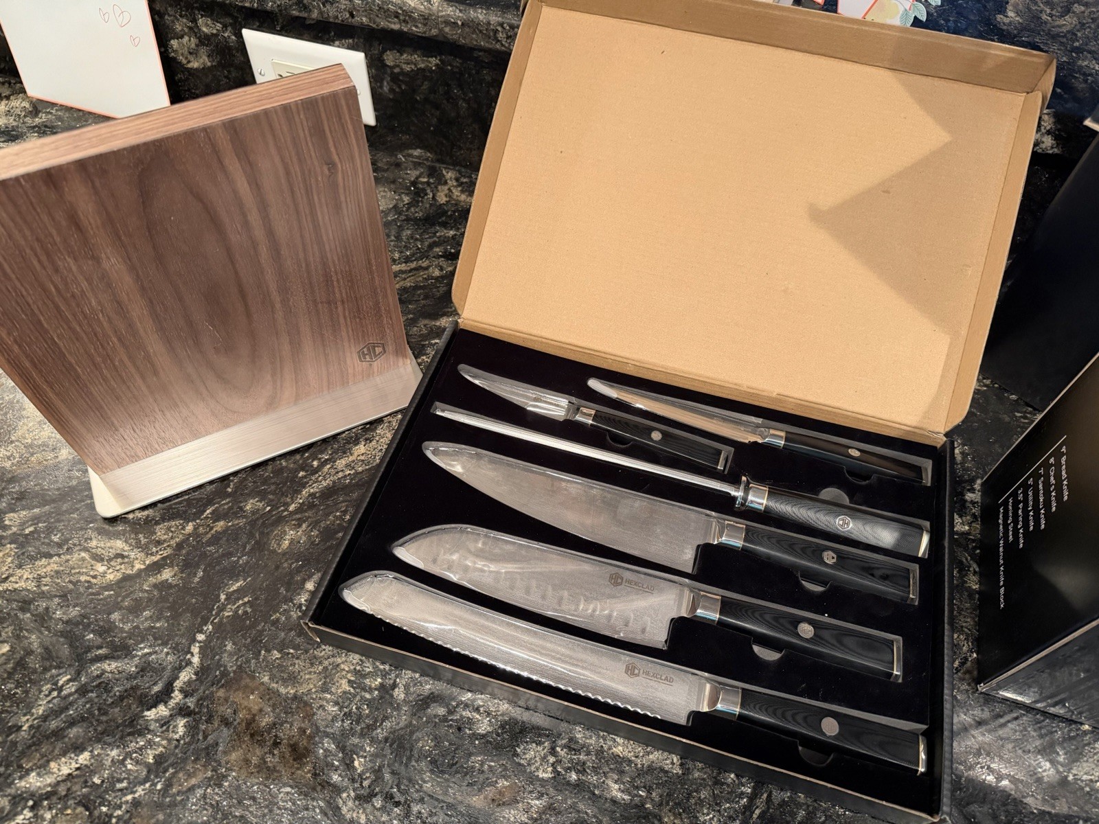 WEEKEND SPECIAL HexClad Damascus Steel 7-Piece Knife Set w Magnetic Walnut Block