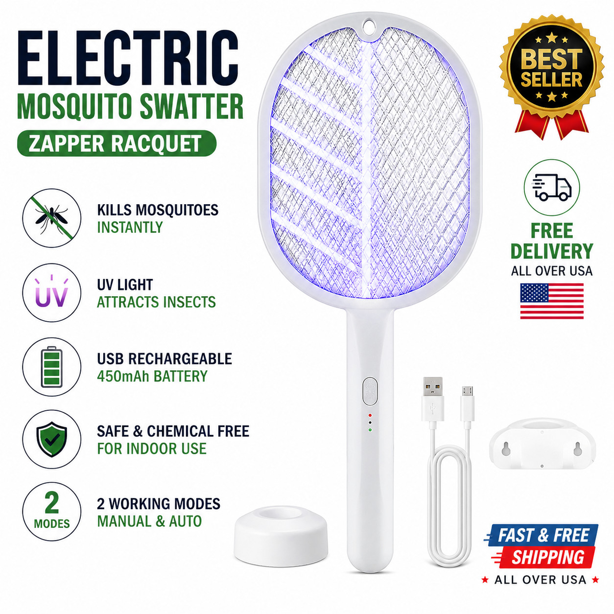 USB Rechargeable Electric Fly Swatter Mosquito Zapper Bug Insect Killer Racket