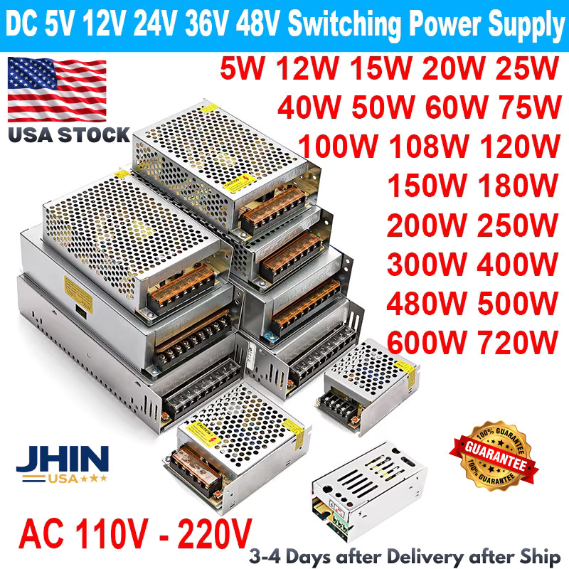 Switching Power Supply SMPS 5V 12V 24V 36V 48V 100W-720W AC 110/220V to DC 1A 2A