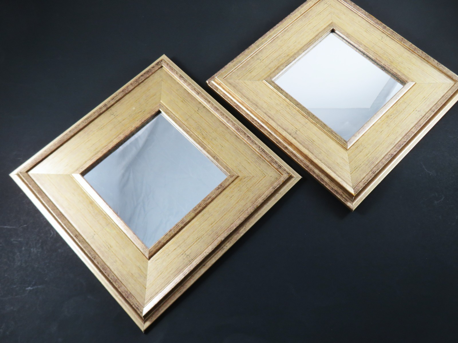 Pair Regency Square Wall Mirrors Framed In Beveled Gold Plastic Wood-Look 9.8 In