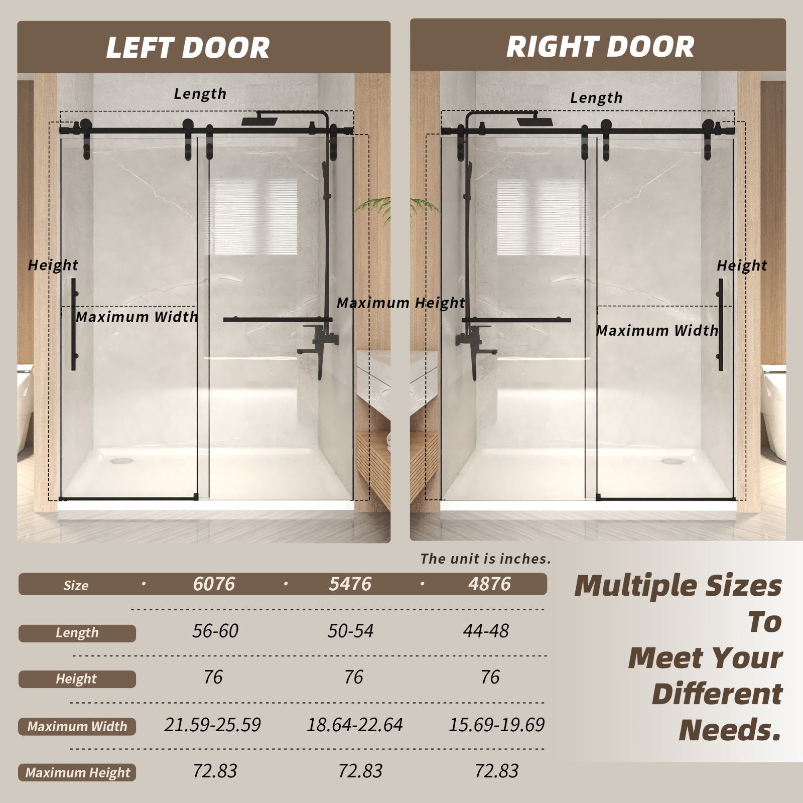 Frameless Shower Door 60″ W x 76″ H Sliding Shower Door 5/16″ 8mm Tempered Glas