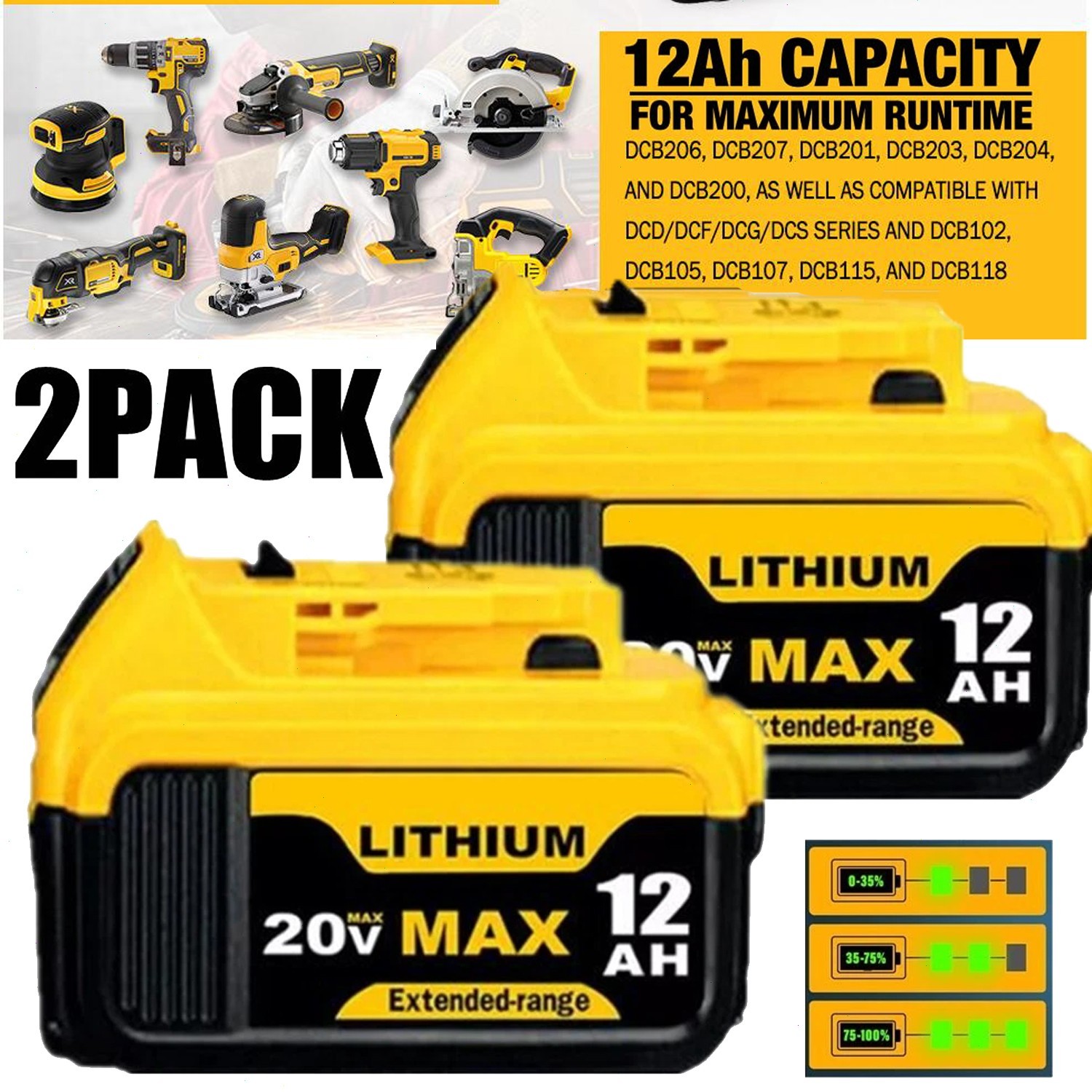2Pack For DeWalt 20V 20 Volt Max XR 12.0AH Lithium Battery DCB206-2/Dual Charger
