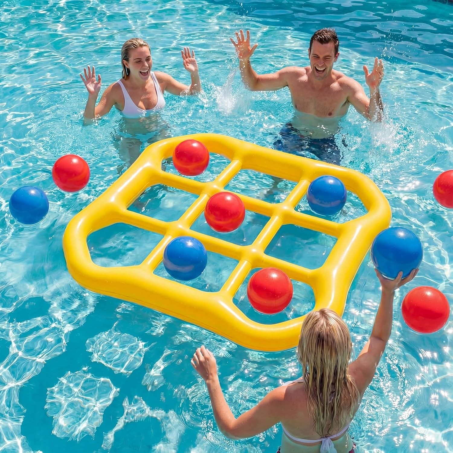 Inflatable Pool Tic-Tac-Toe Game Set with 10 Balls for Adults Kids Teens