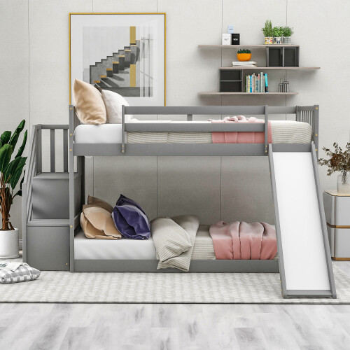 Stairway Wooden Bunk Bed w/ Slide Low Floor Bed for Kids Teens Adults,White/Gray