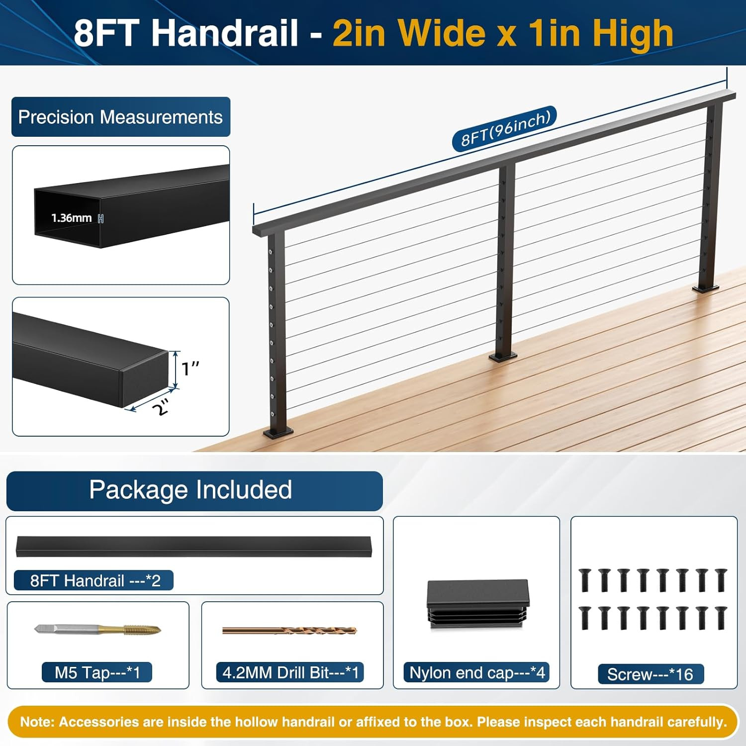 8Ftx2Inx1In Black Cable Railing Handrail 2 Pack, Stainless Steel T304 Rectangula