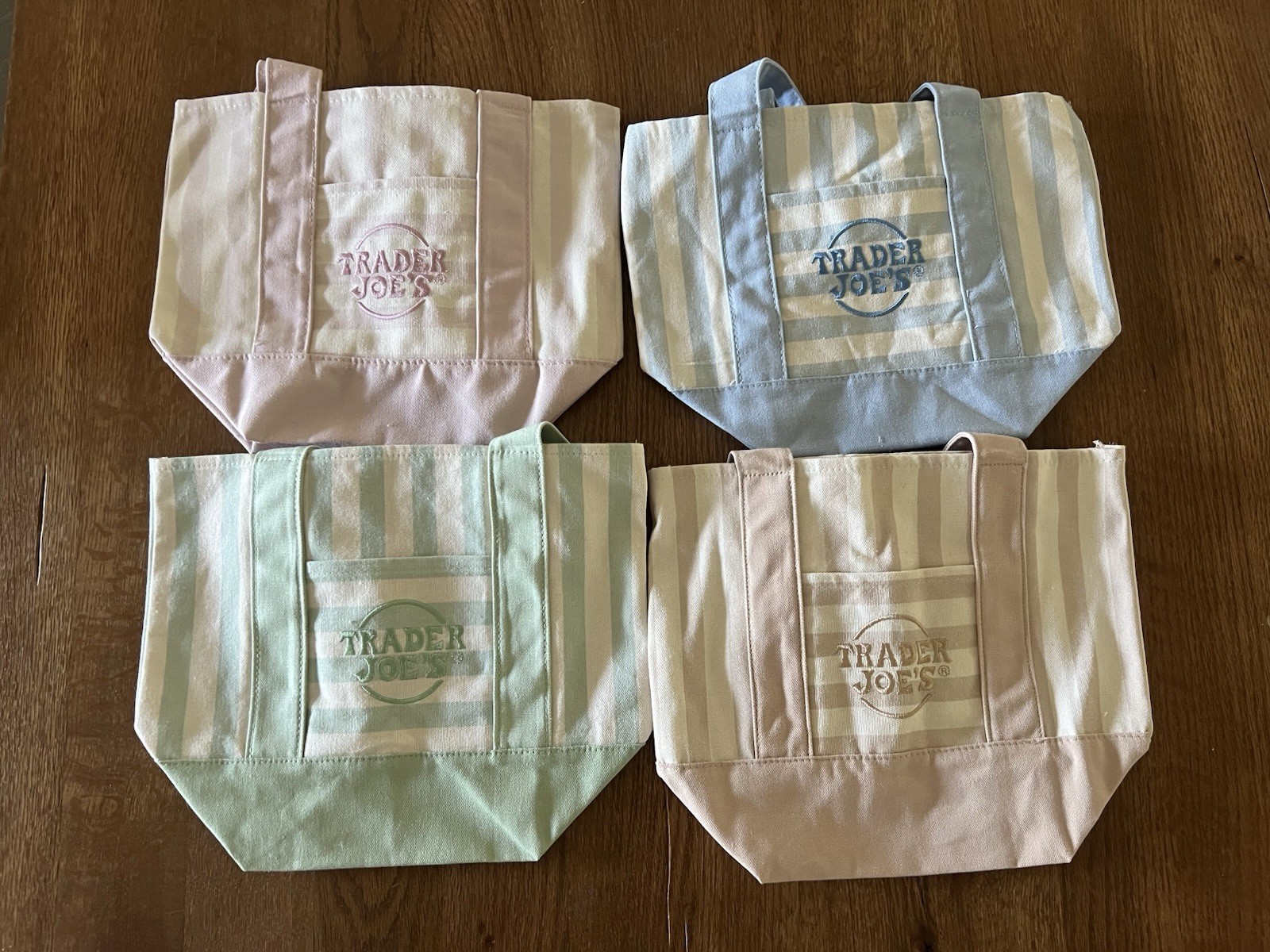TRADER JOE’S MINI PASTEL STRIPE CANVAS TOTE BAGS SET Of 4 PINK BLUE GREEN BEIGE
