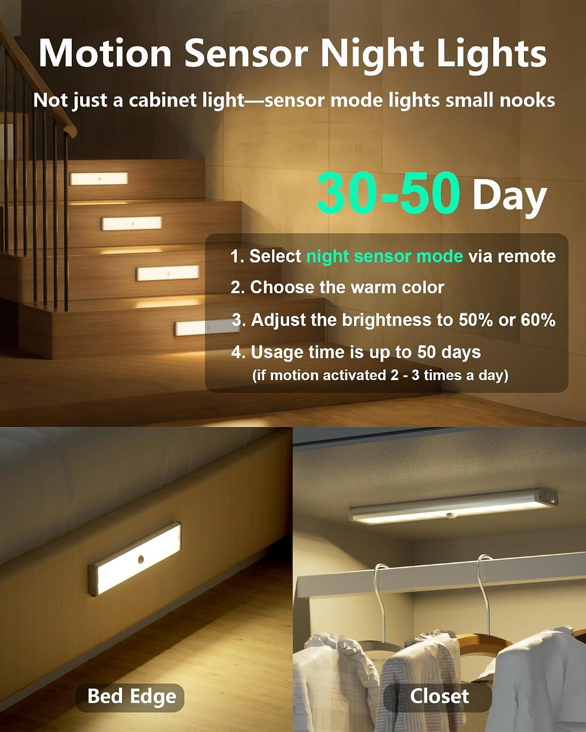 Motion Sensor Night Lights, 58-LED RGB Under Cabinet Lighting Wireless, 1100mAh