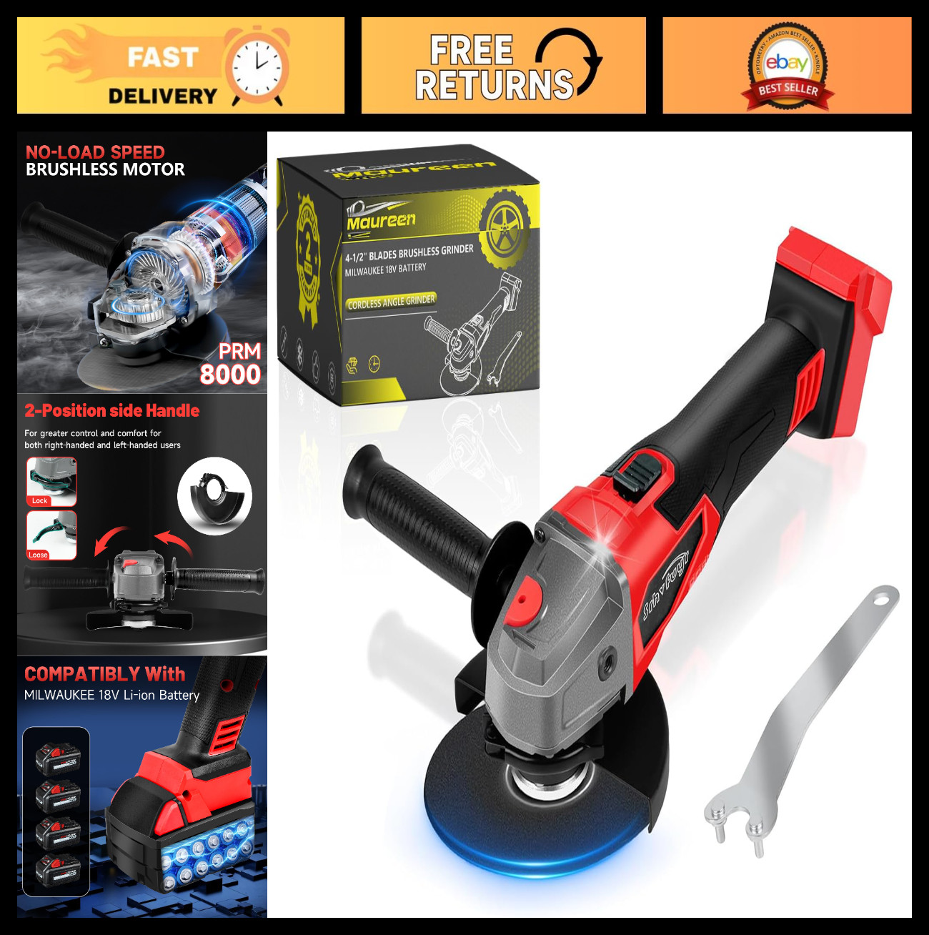 Cordless Angle Grinder 4-1/2″ Brushless, 8000 RPM, Battery Powered for Cutting,