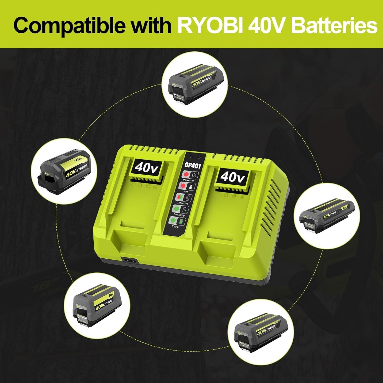 For Ryobi 40V Battery 2 Port OP401 Fast Charger Fit OP4015 OP4026 OP4040 OP4050