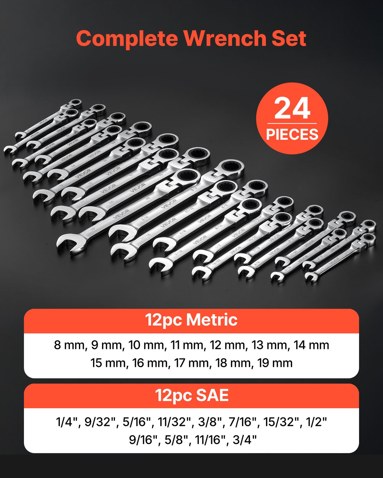VEVOR Flex-Head Ratcheting Wrench Set Combination Wrench Set 24-Piece SAE Metric