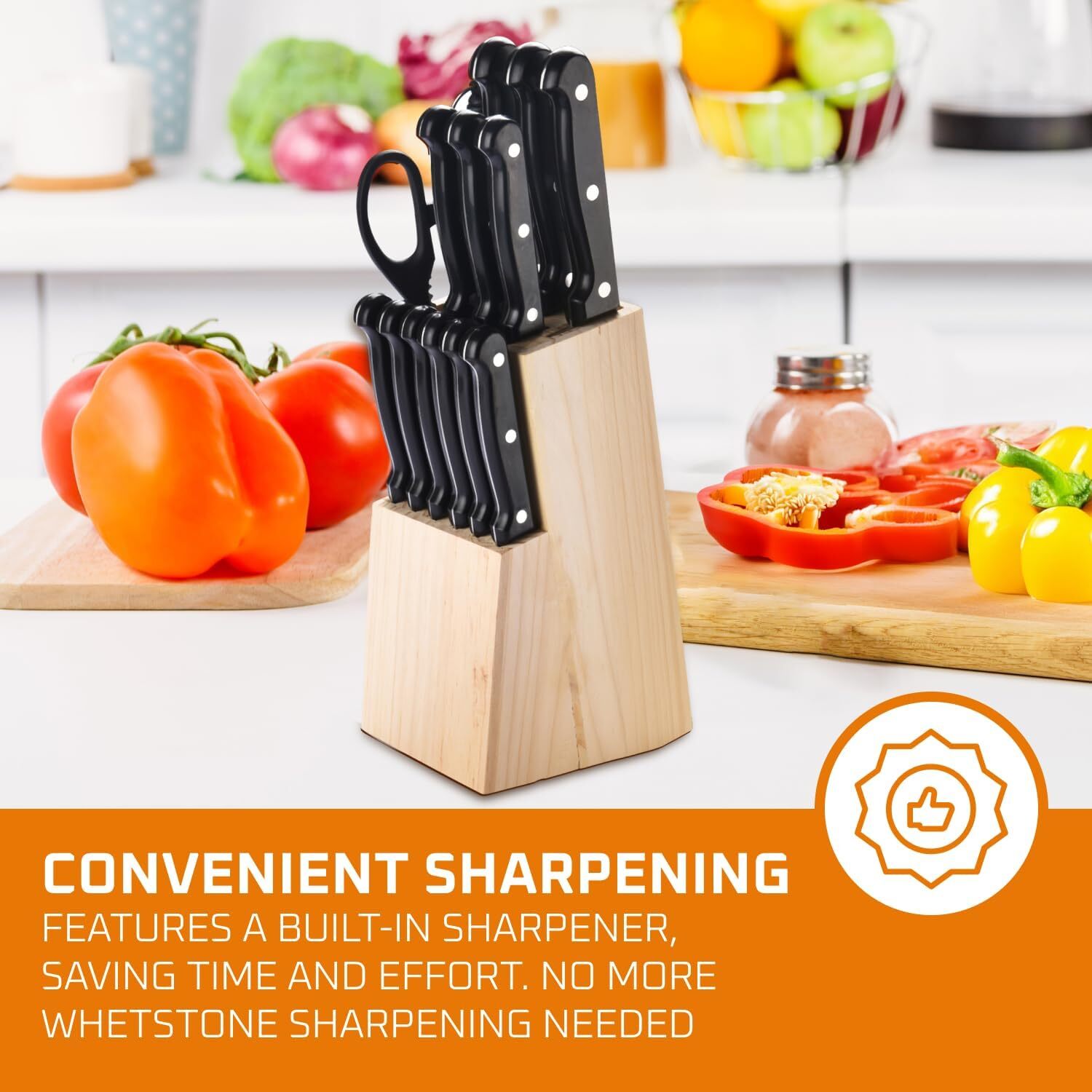 NEW 15-PIECE KITCHEN KNIFE WOOD BLOCK SET STAINLESS STEEL