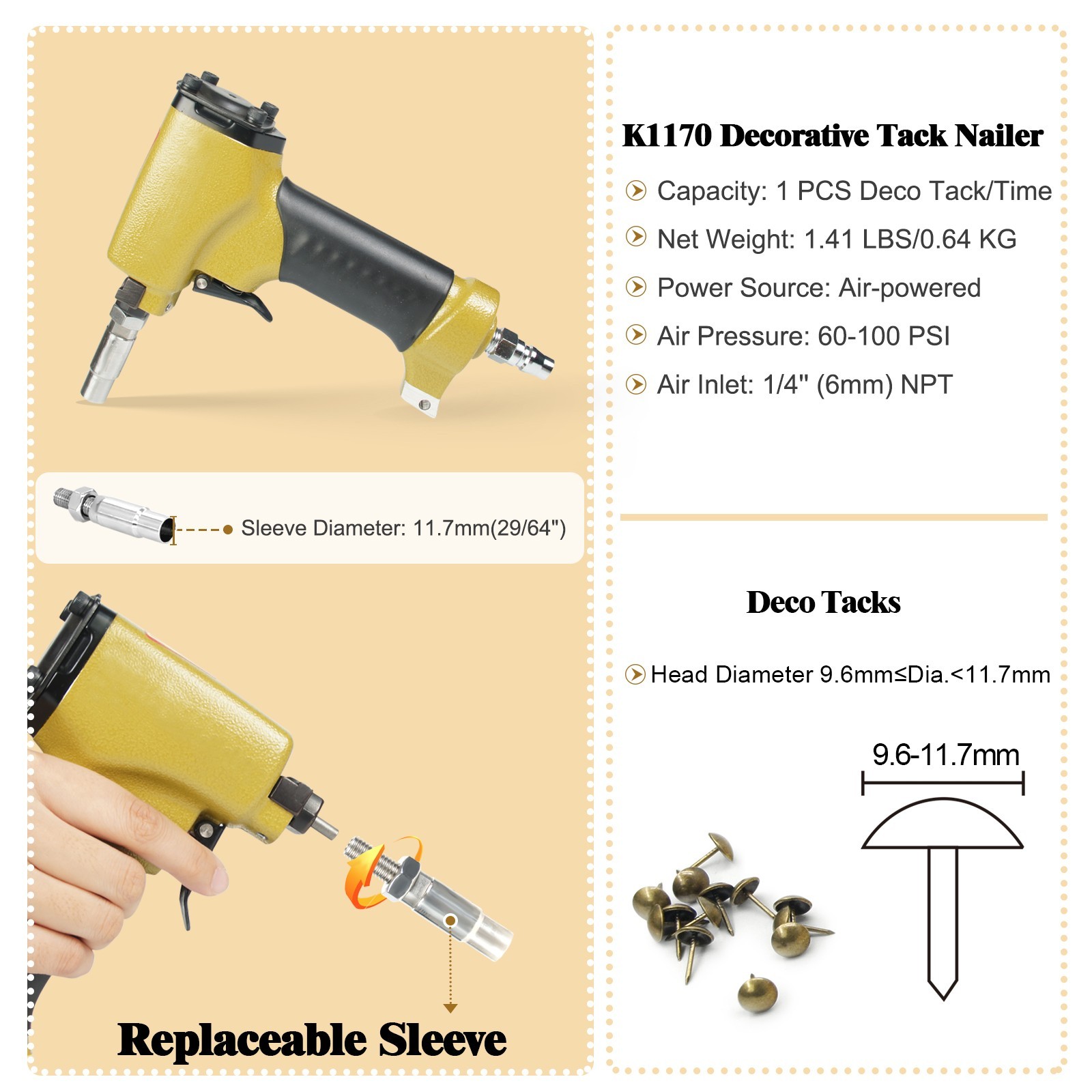 meite 1170 Pneumatic Upholstery Decorative Tack Nail Gun 7/16” Head Diameter