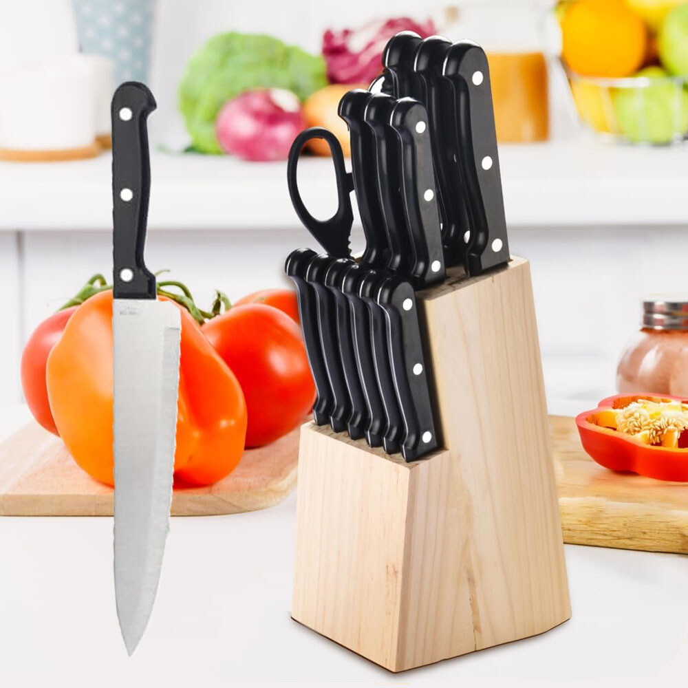 NEW 15-PIECE KITCHEN KNIFE WOOD BLOCK SET STAINLESS STEEL