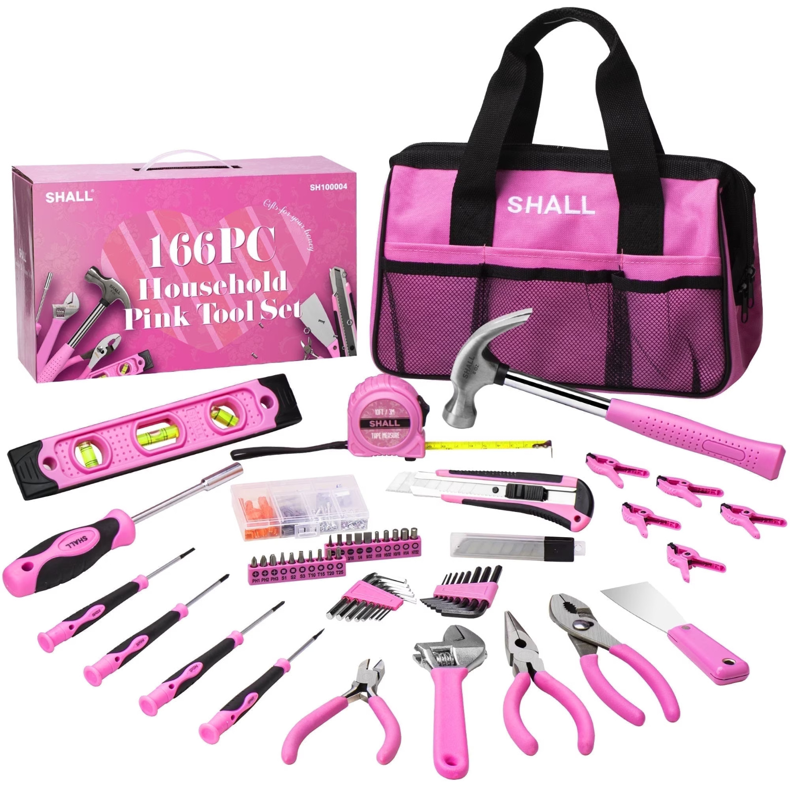 SHALL Pink Tool Set for Women,166pcs Home Tool Kit with 12″ Tool Bag Organizer
