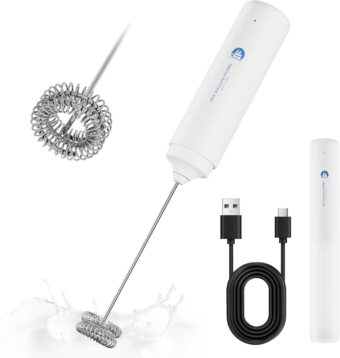 Rechargeable Handheld Milk Frother 2-IN-1 Dual Spring Electric Wand for Latte
