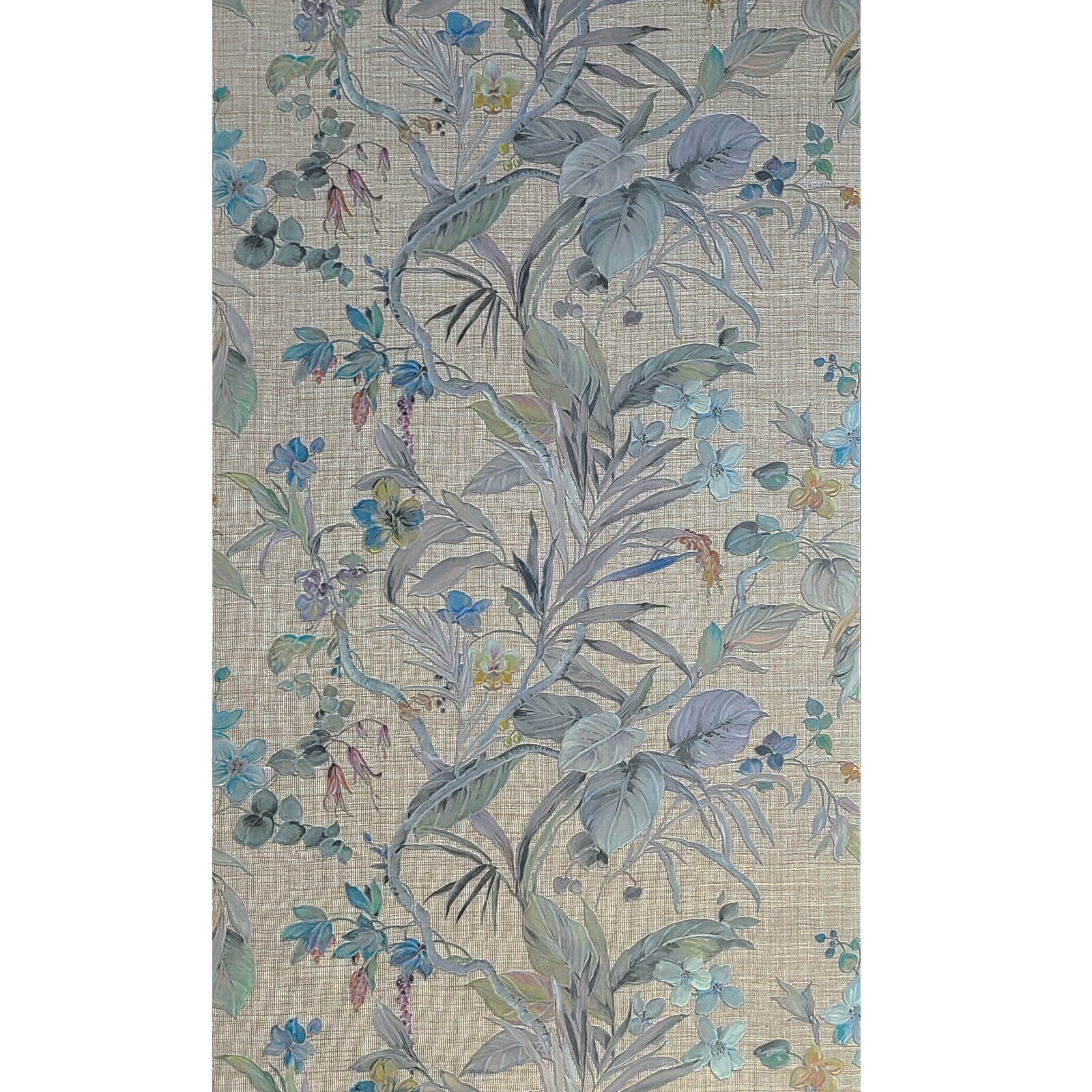 Floral plants Brown green blue metallic faux woven fabric textured wallpaper 3D