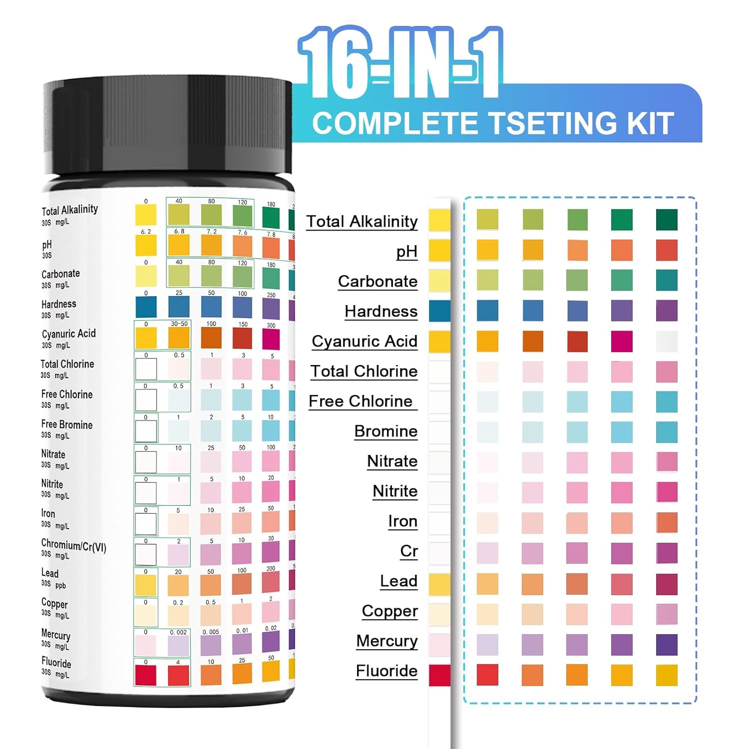 16 in 1 Water Test Kit Strips 100 Count Home Drinking Tap Water Quality Test US