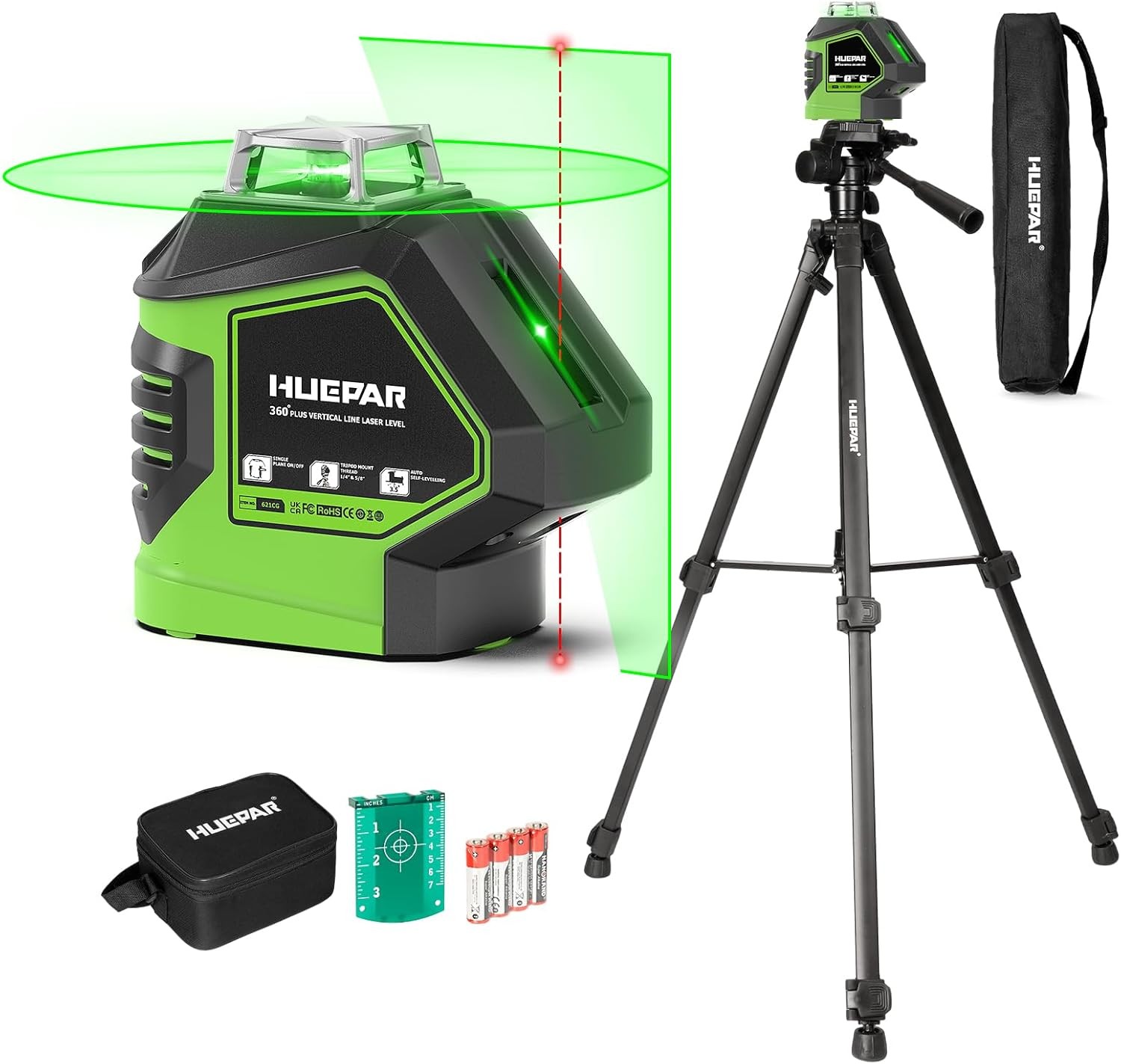 Green Cross Line Laser Level with 2 Plumb Dots, 60 Inch Tripod, 360° Tool