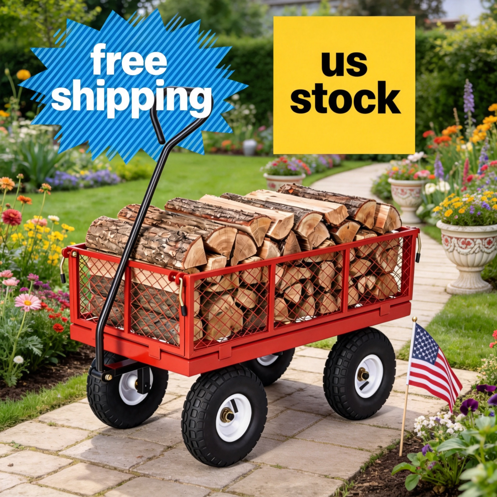 400 LBS Capacity Steel Utility Wagon with 10″ All-Terrain RED Cart, Garden