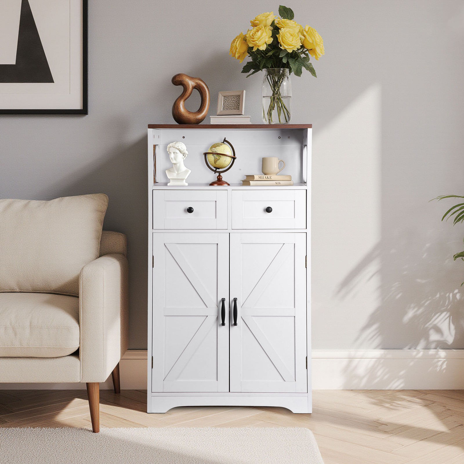 Farmhouse Storage Cabinet Bathroom Floor Cabinet Kitchen Pantry w/ Drawers White