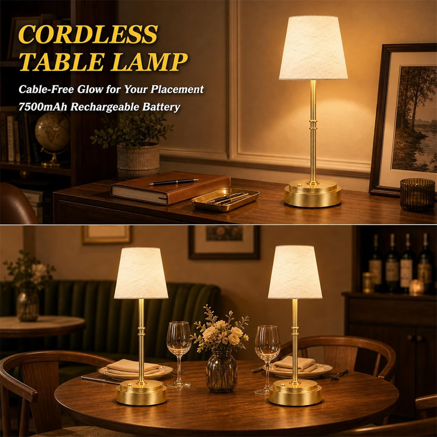 Rechargeable Cordless Table Lamp Gold – 1 Pack Brass 7500mAh Battery Operated La