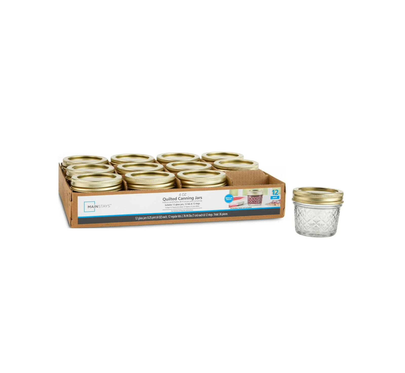Mainstays 4 oz Quilted Mason Jars Regular Mouth 12 Pack with Lids & Rings.