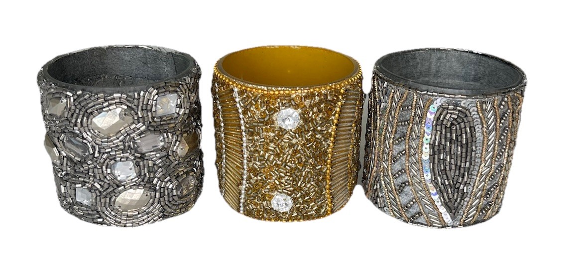 Pottery Barn Votive Holders Set Of 3 Beaded Gold Silver Bling Metallic Holiday