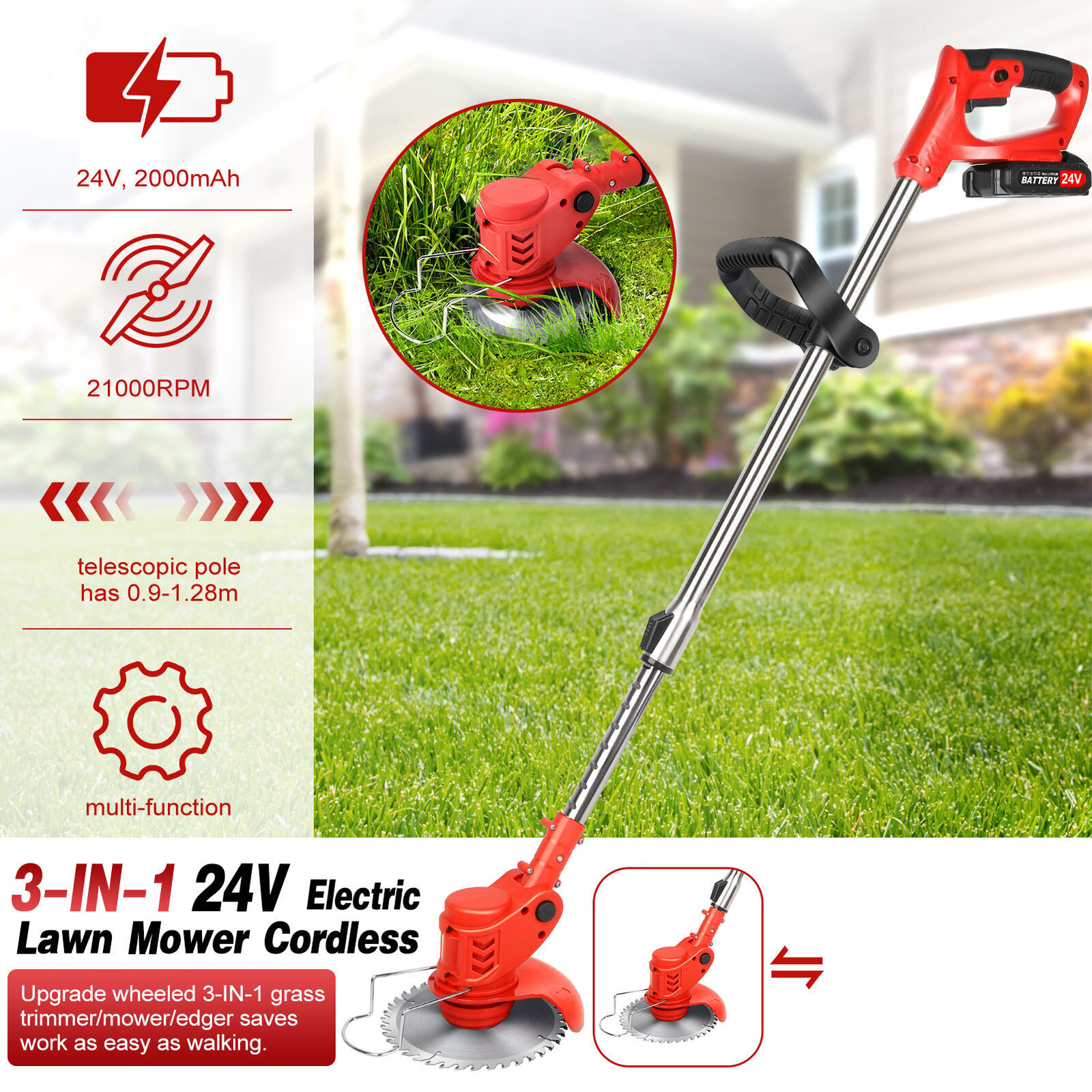 24V Electric Weed Wacker Cutter Grass String Trimmer Cordless 2 Battery Powered