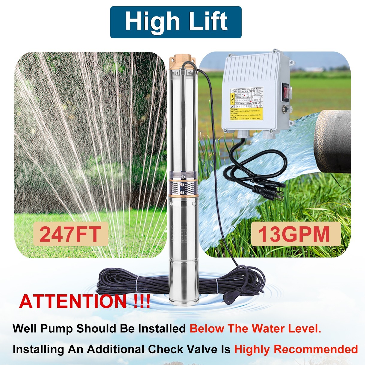 DC 24V 3” 270W Solar Deep Well Pump Bore Water Pump 396GPH + MPPT Controller