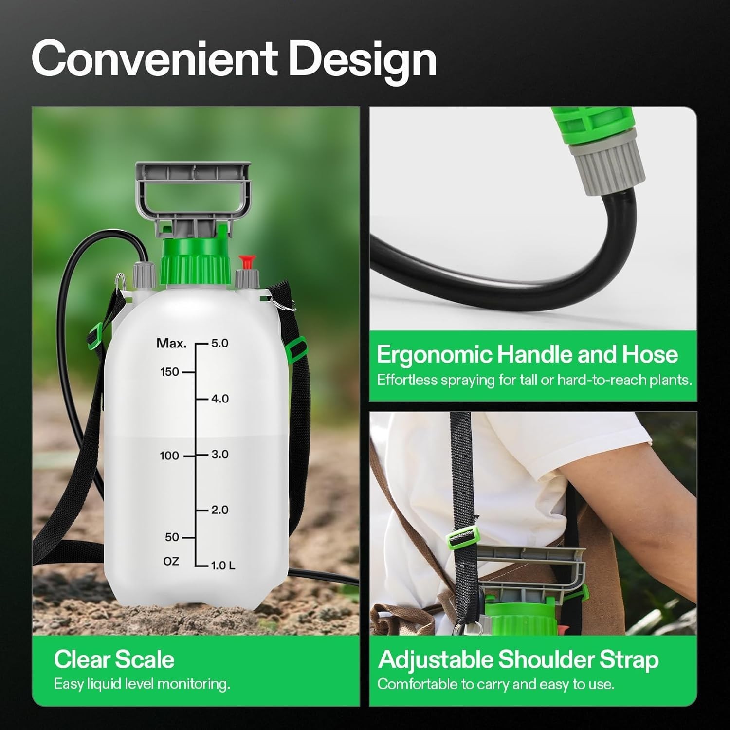 1.35Gal Pump Sprayer 5L Garden Water Sprayer 3 Nozzles Long Hose