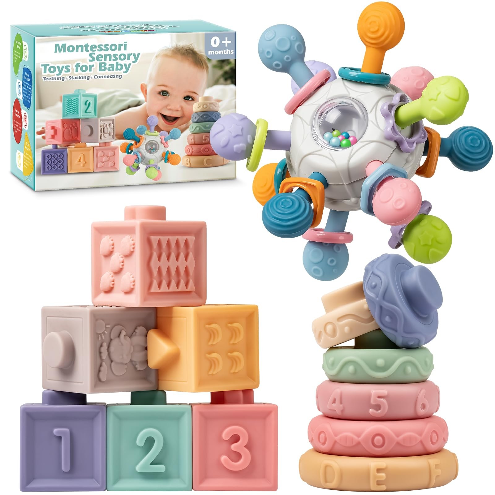 SpringFlower 3 in 1 Montessori Toys for Babies 0-3-6-12 Months, Rattle Teether &